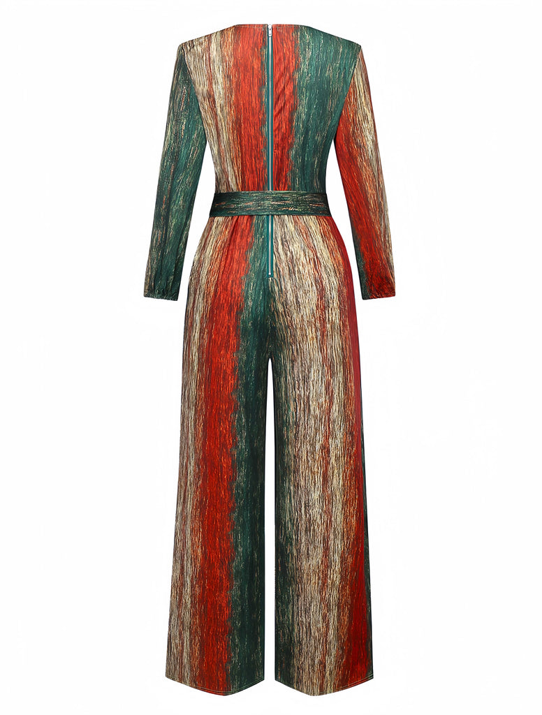 Multicolor 1970er V-Ausschnitt Gürtel Jumpsuit