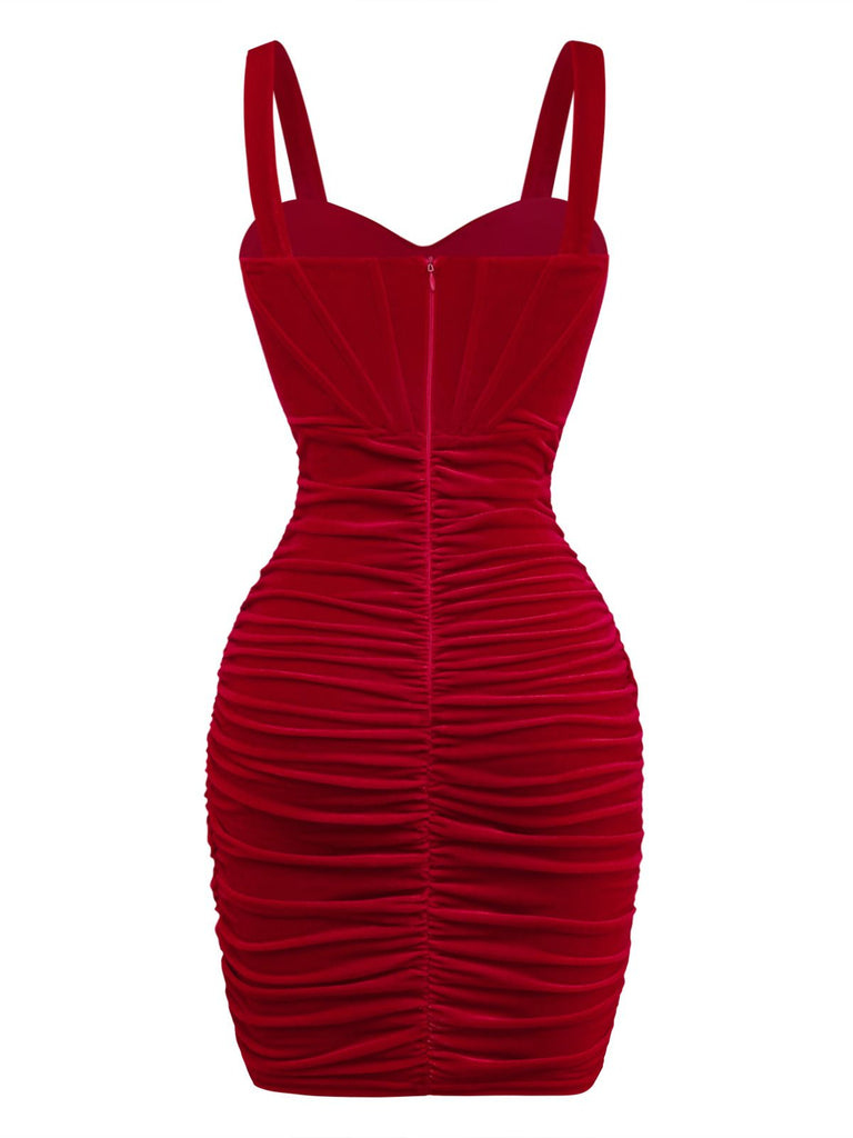80er Samt-Korsett-Minikleid mit Raffungen und Herz-Ausschnitt