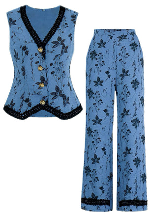 2PCS 1940er Blumen V-Ausschnitt Vest & Hosen