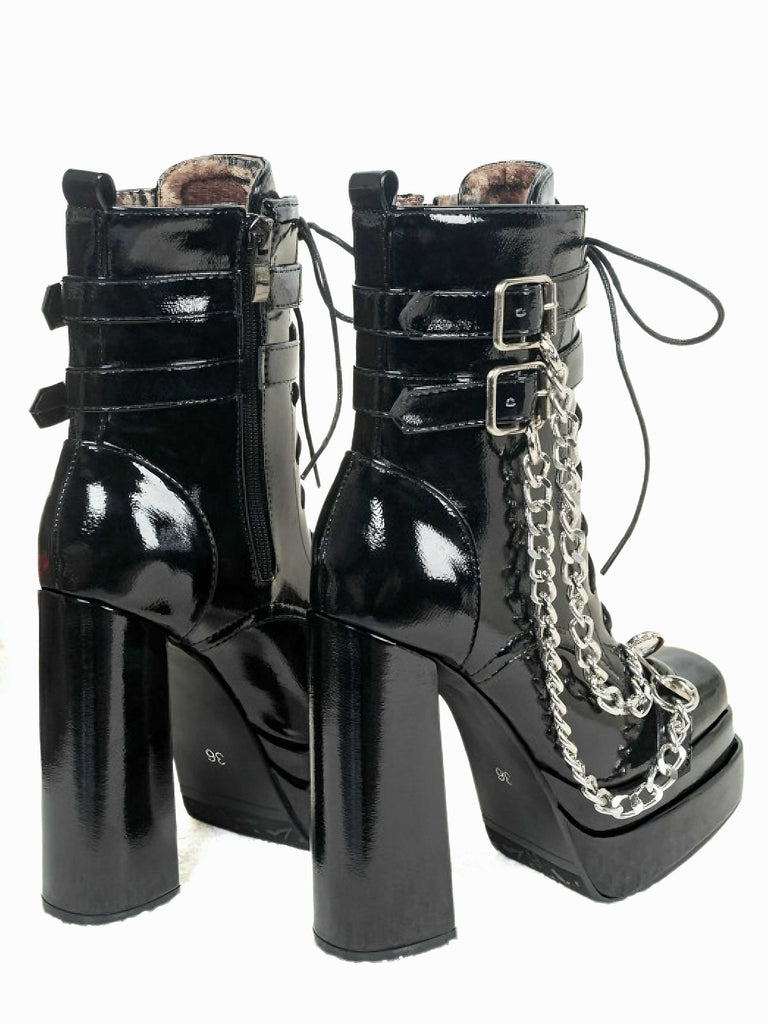 Schwarz Patent Chains Gothic High Heels Stiefel