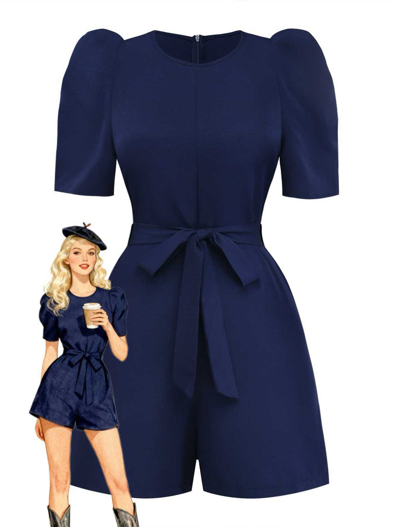 Marineblau 1980er Solide Gürtel Romper
