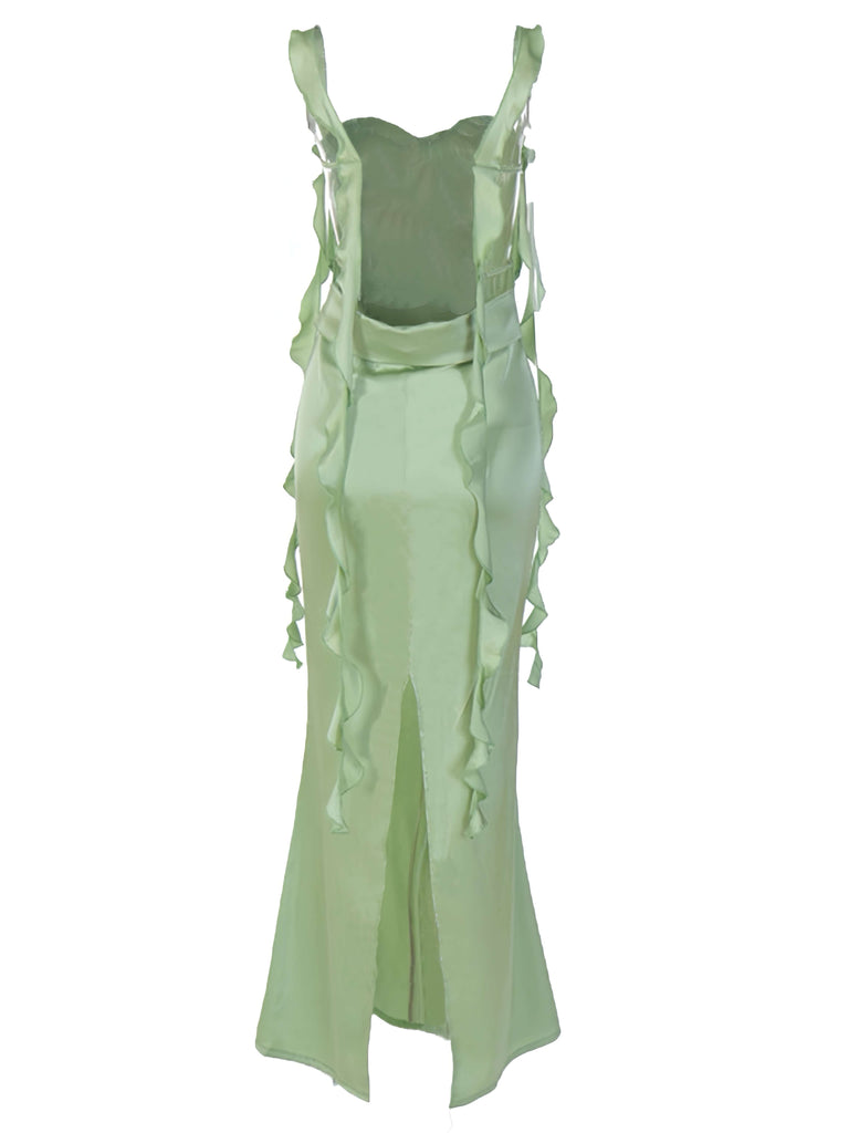 1970er Solide Satin Rüschen Rückenfrei Gerüschtes Kleid