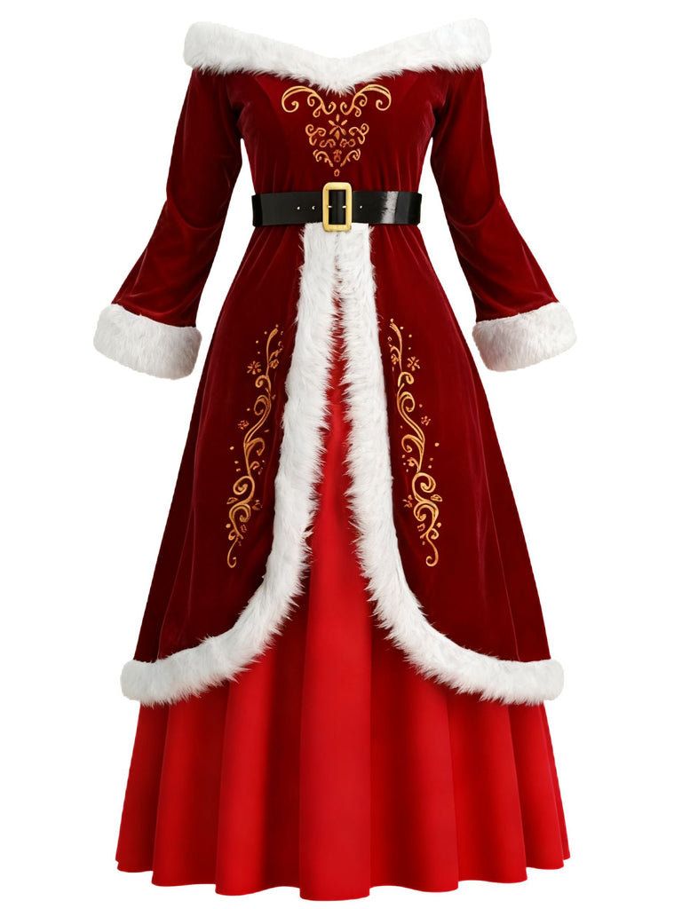 Rot 1930er Weihnachten Samt Kunstpelzbesatz Kleid