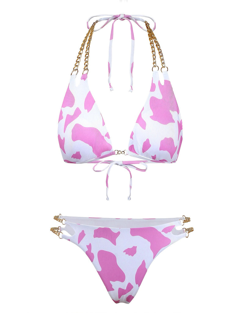 1970er Gerippte Kuh Muster Ketten Halter Bikini Set