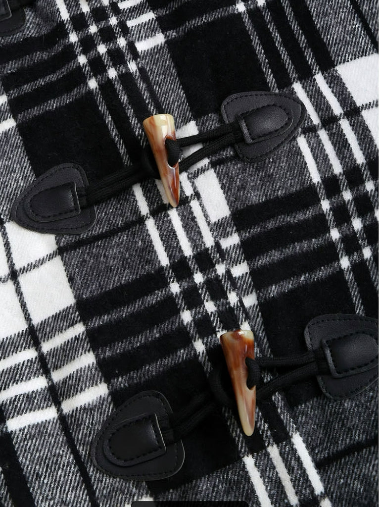 1940er Plaid Toggle Kunstpelzbesatz Hooded Mantel