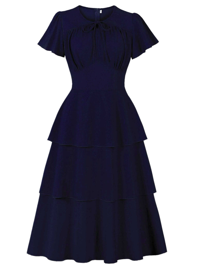 1940er Rundhals Bogen Solide Stufen Kleid