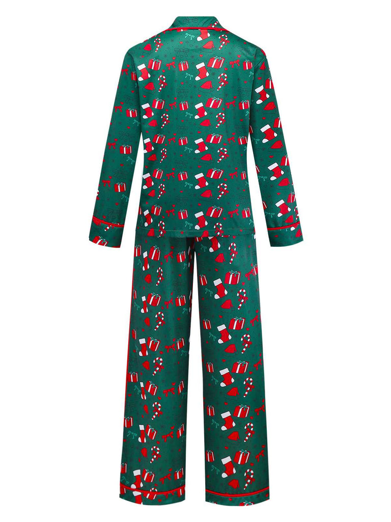 Grün 1940er Weihnachten Muster Pyjama Set