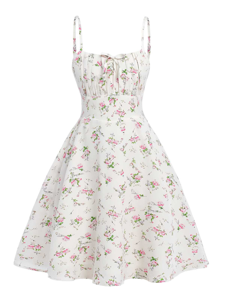 Weiß 1950er Spaghetti Träger Blumen A-Linie Kleid