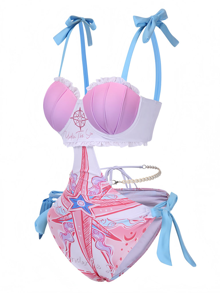 1970er Rüschen Perle Chain Hohl-Taille Badeanzug