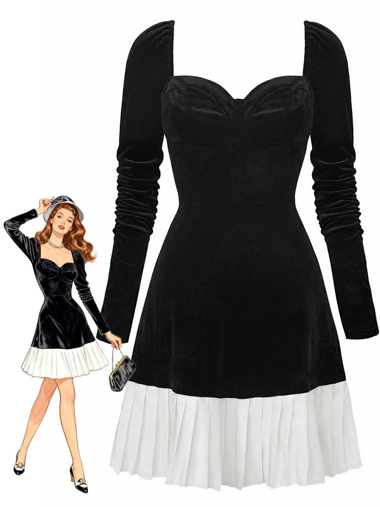 Schwarz 1960er Herzförmiger Hals Samt Plissiertes Saum Kleid