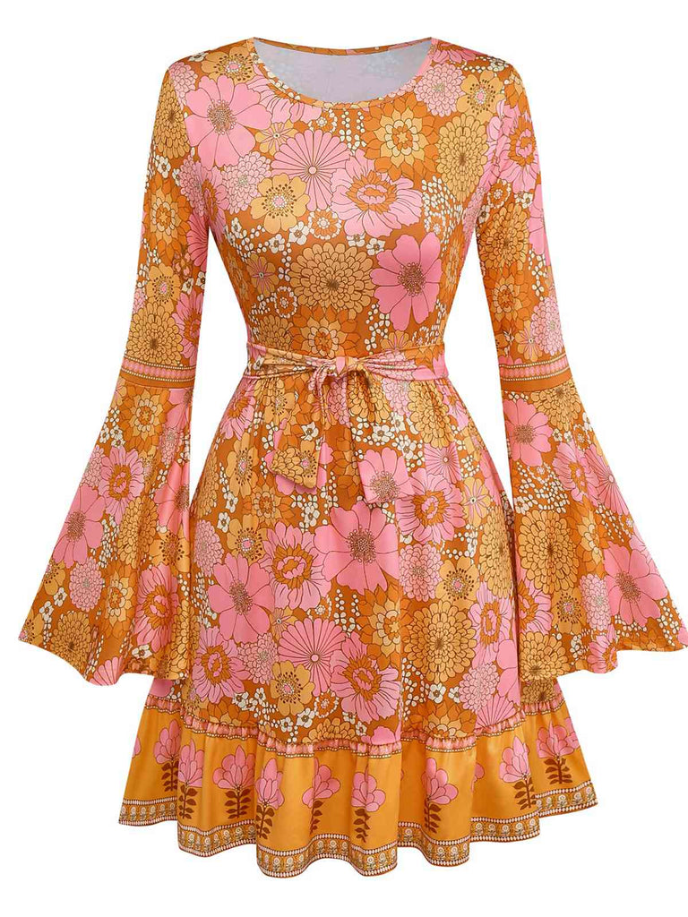 Orange 1960er Hippe Glockenärmel Blumen Kleid