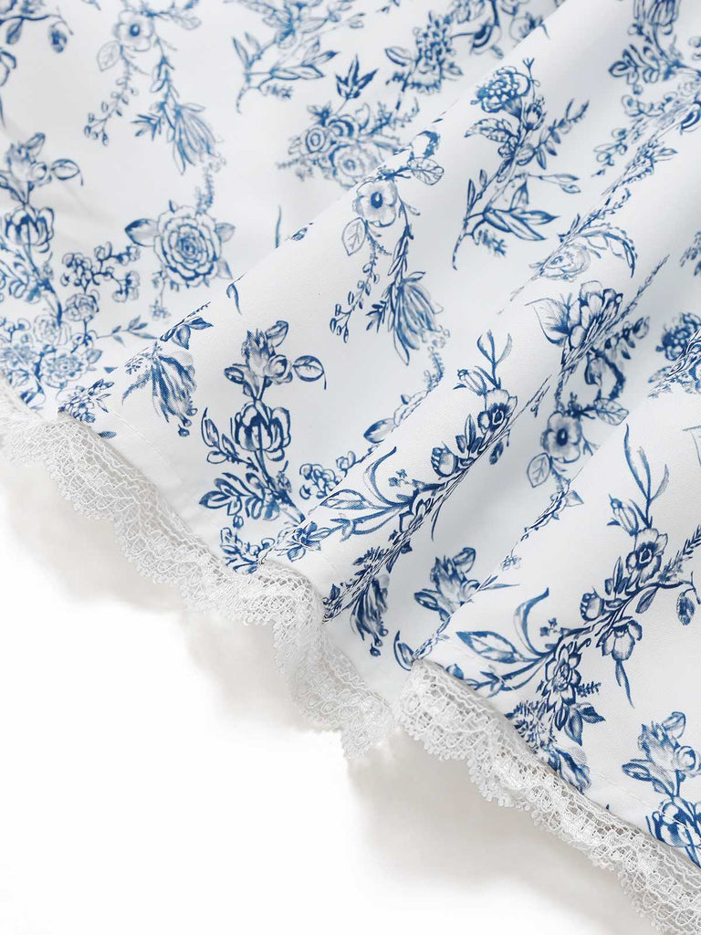 Blau 1950er Träger Blumen Spitze Korsett Kleid