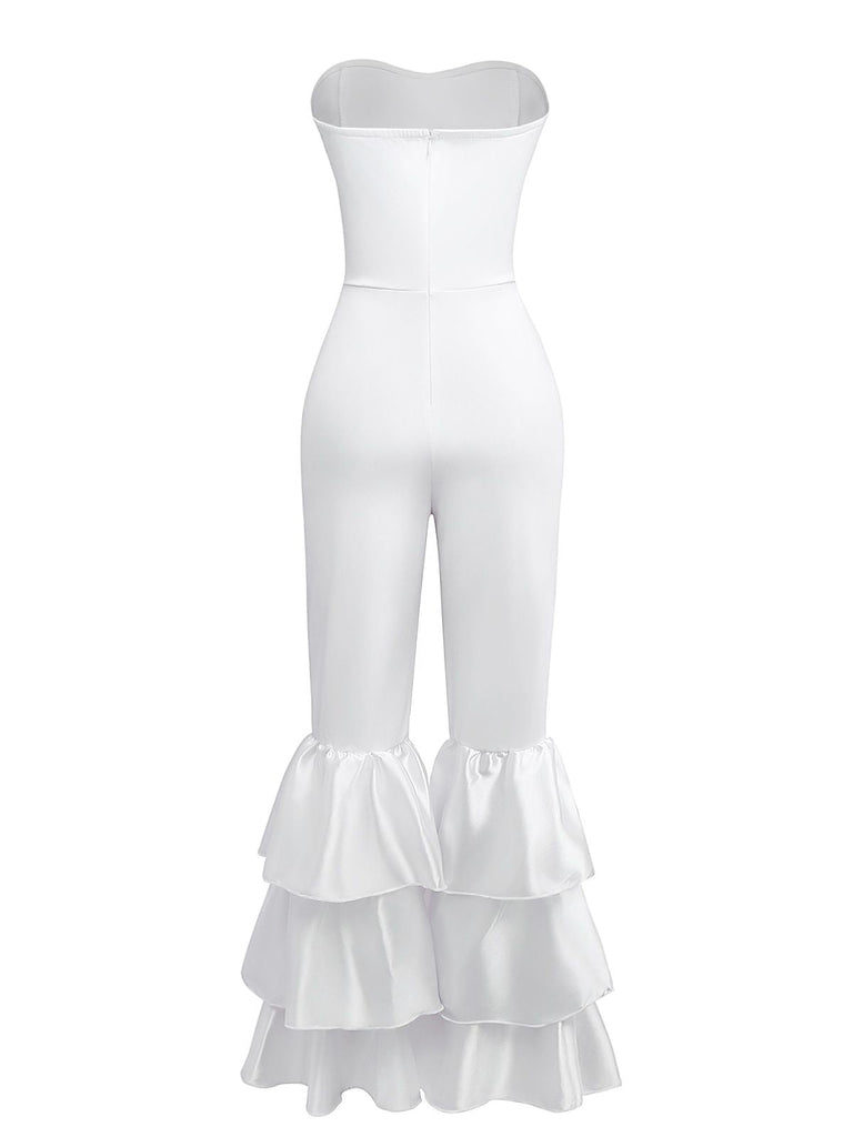 1970er Boho Trägerloses Solide Plissiertes Rüschen Jumpsuit