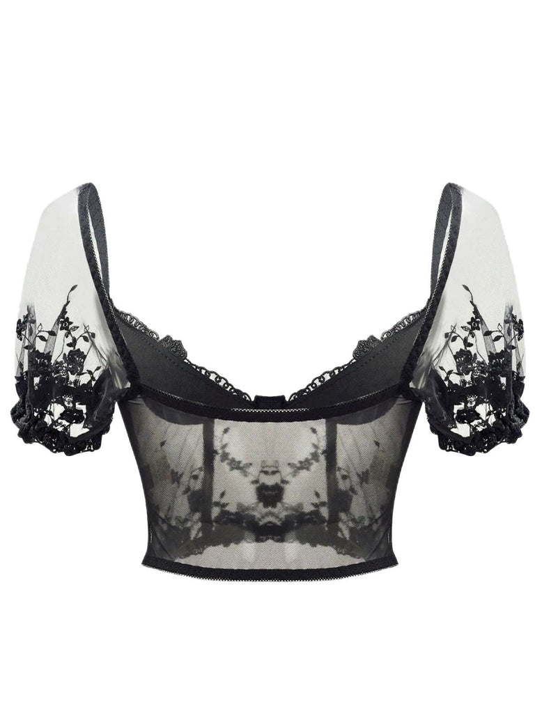 Schwarz 1970er Puffärmel Spitze Korsett Top