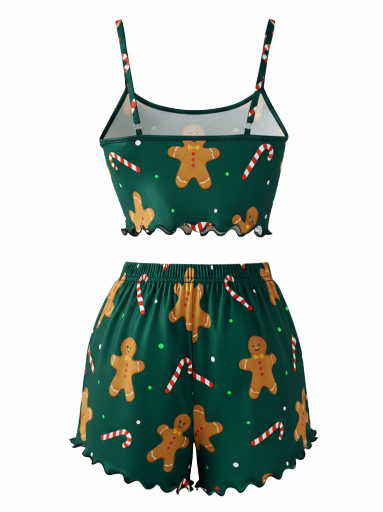 Grün 1970er Lebkuchenmann Keksbonbons Satin Pyjama Set