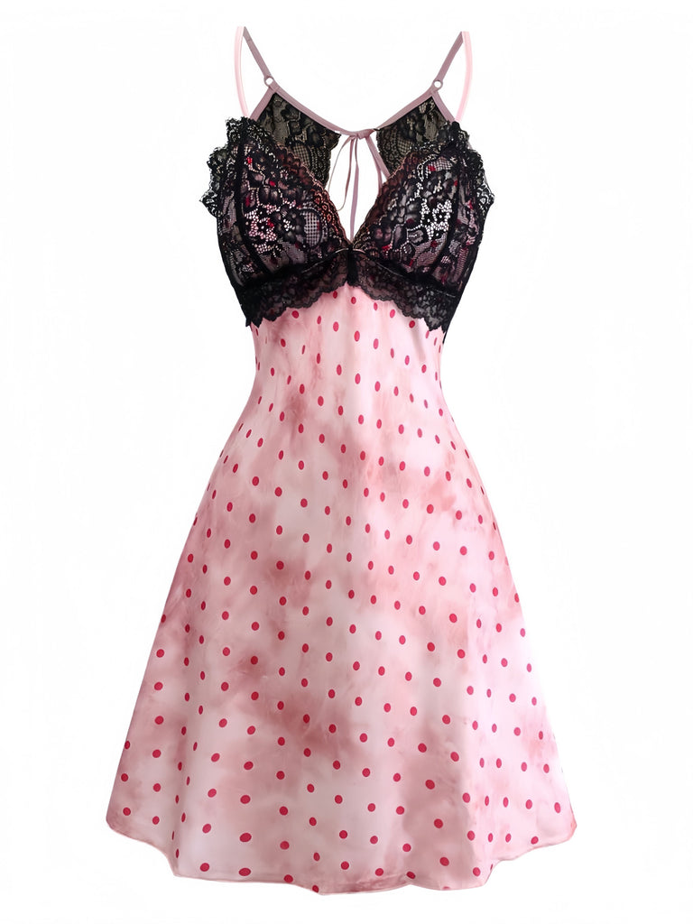 Rosa 1940er Satin Polka Dot Spitze Besatz Rückenfrei Nachthemd