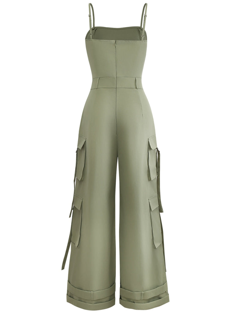 1970er Solide Spaghetti Träger Cargo Stil Weitbeinig Jumpsuit