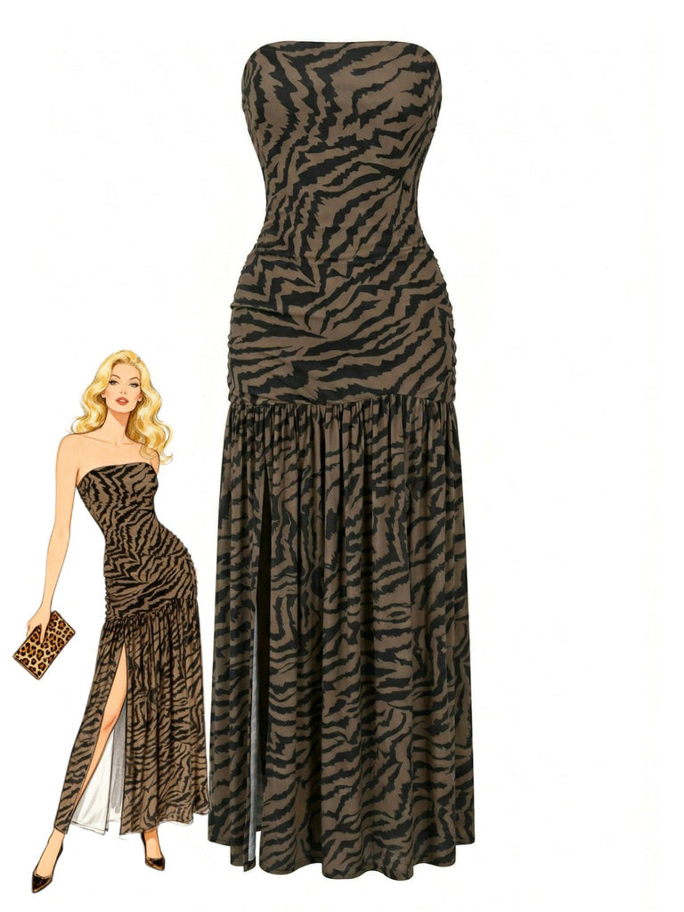 Dunkelbraun 1930er Trägerlos Zebra Muster Netz Schlitz Kleid