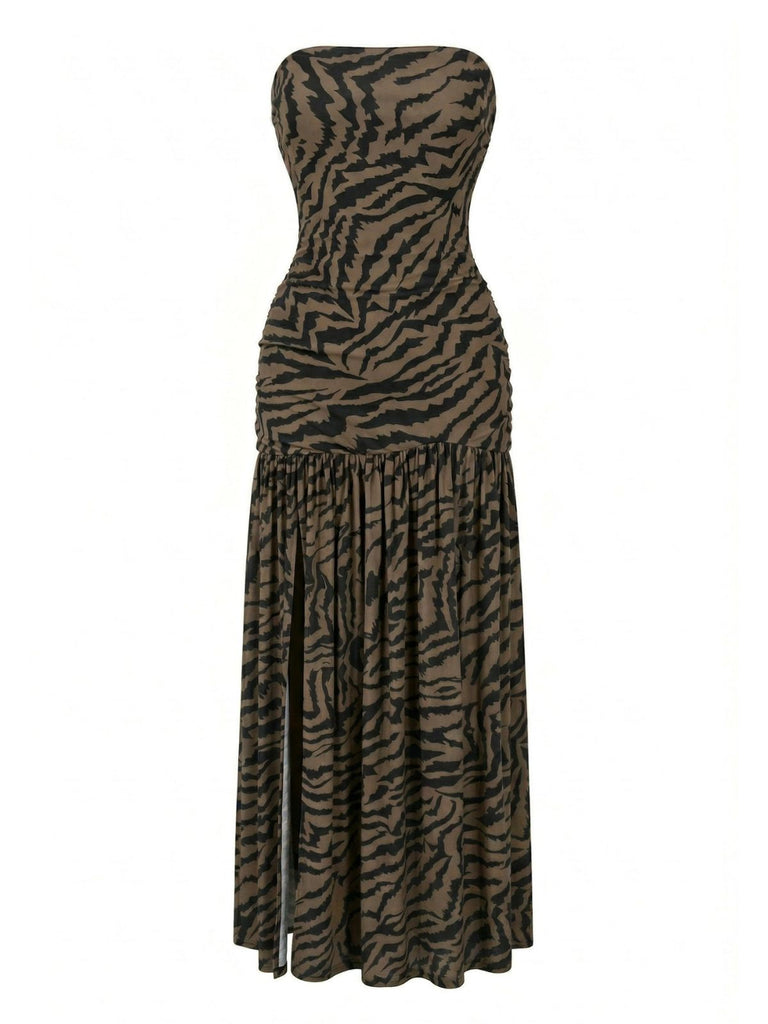 Dunkelbraun 1930er Trägerlos Zebra Muster Netz Schlitz Kleid