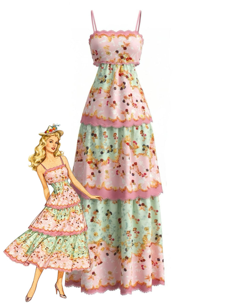 Dunkelrosa 1930er Blumen Gestuft Maxi Kleid