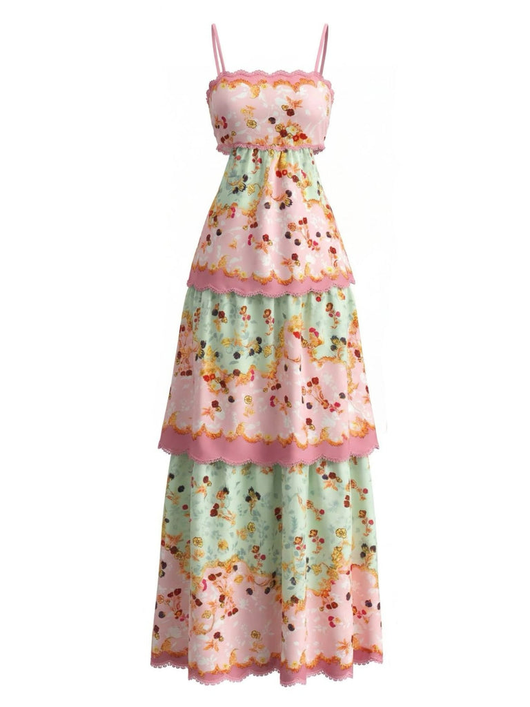 Dunkelrosa 1930er Blumen Gestuft Maxi Kleid