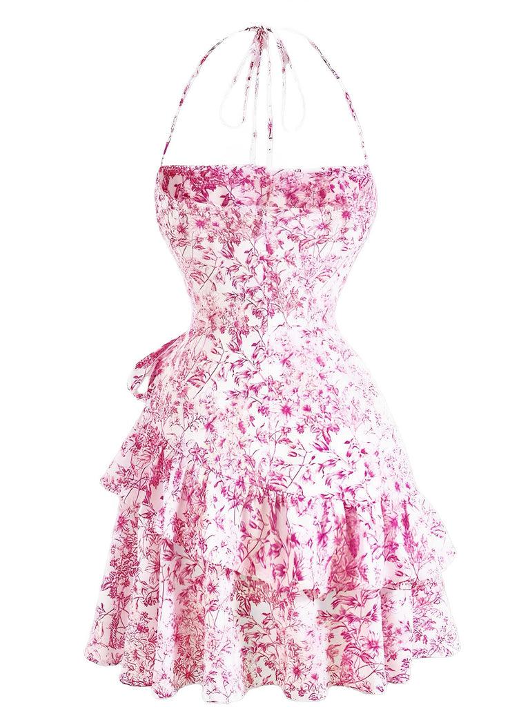 1970er Halter Stufen Rüschen Blumen Kleid