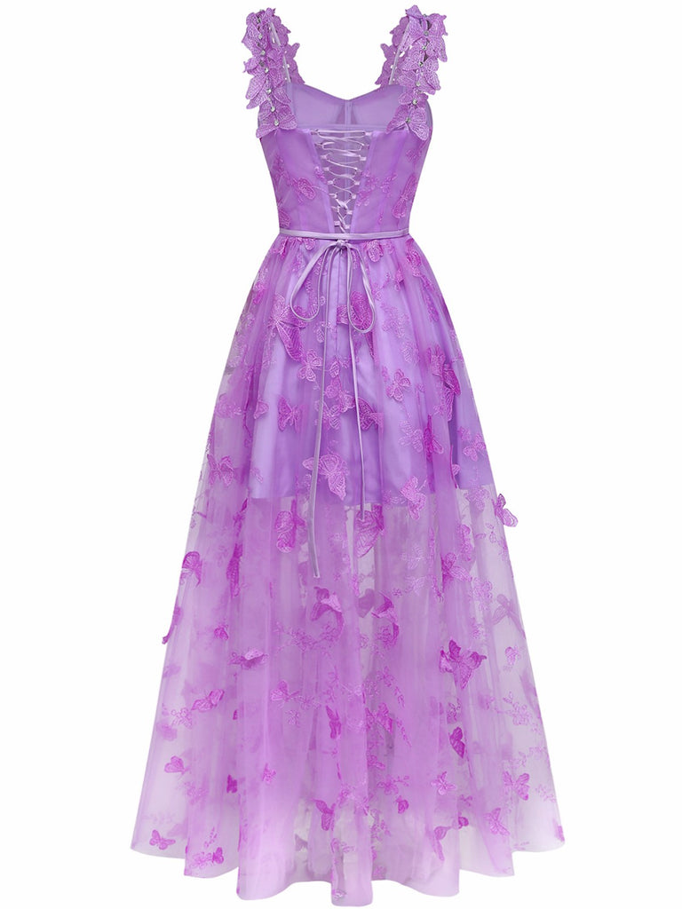 1930er Spaghetti Träger 3D Schmetterlinge Netz Maxi Kleid