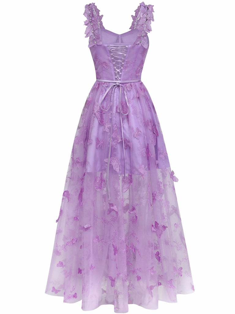 1930er Spaghetti Träger 3D Schmetterlinge Netz Maxi Kleid