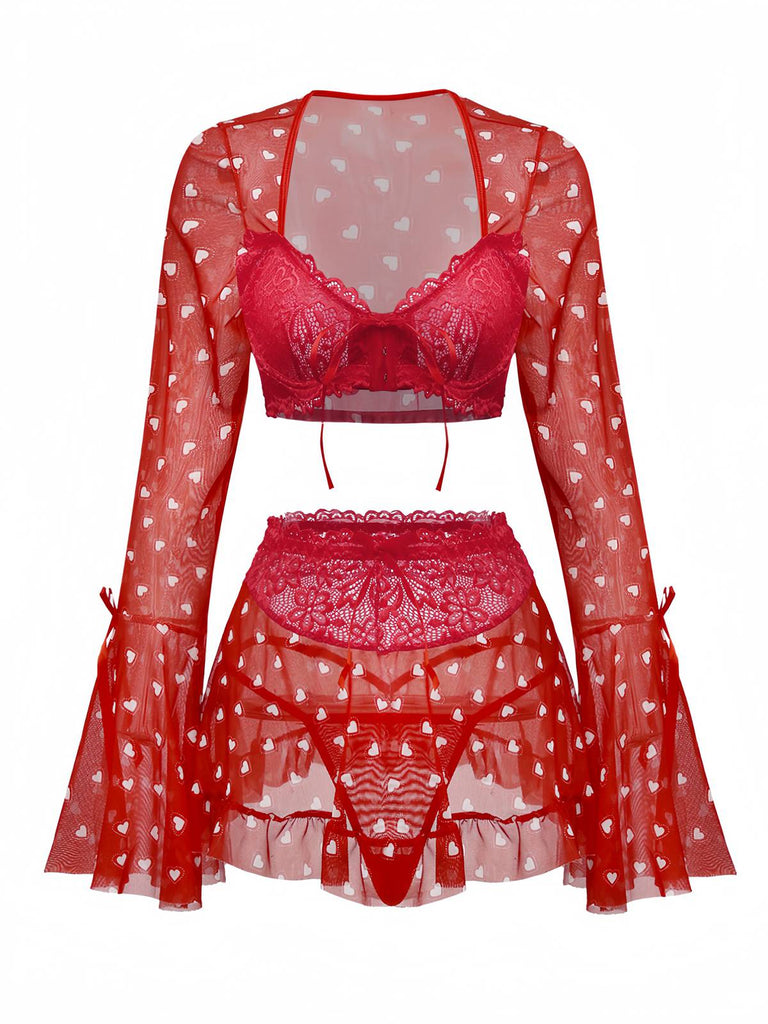 2PCS Rot 1960er Herz Bogen Rüschen Valentinstag Pyjama