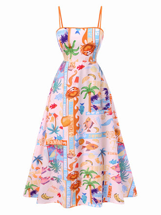 Mehrfarbig 1970er Ozean Live Hosenträger Maxi Kleid