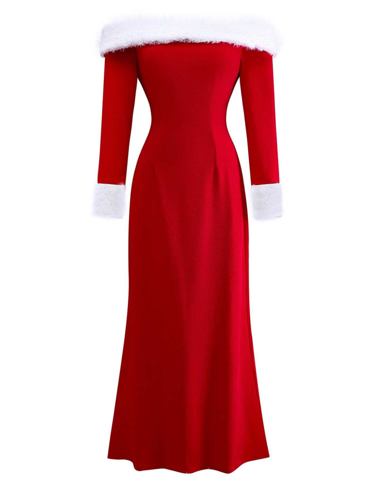 1930er Schulterfrei Kunstpelzbesatz Weihnachten Kleid