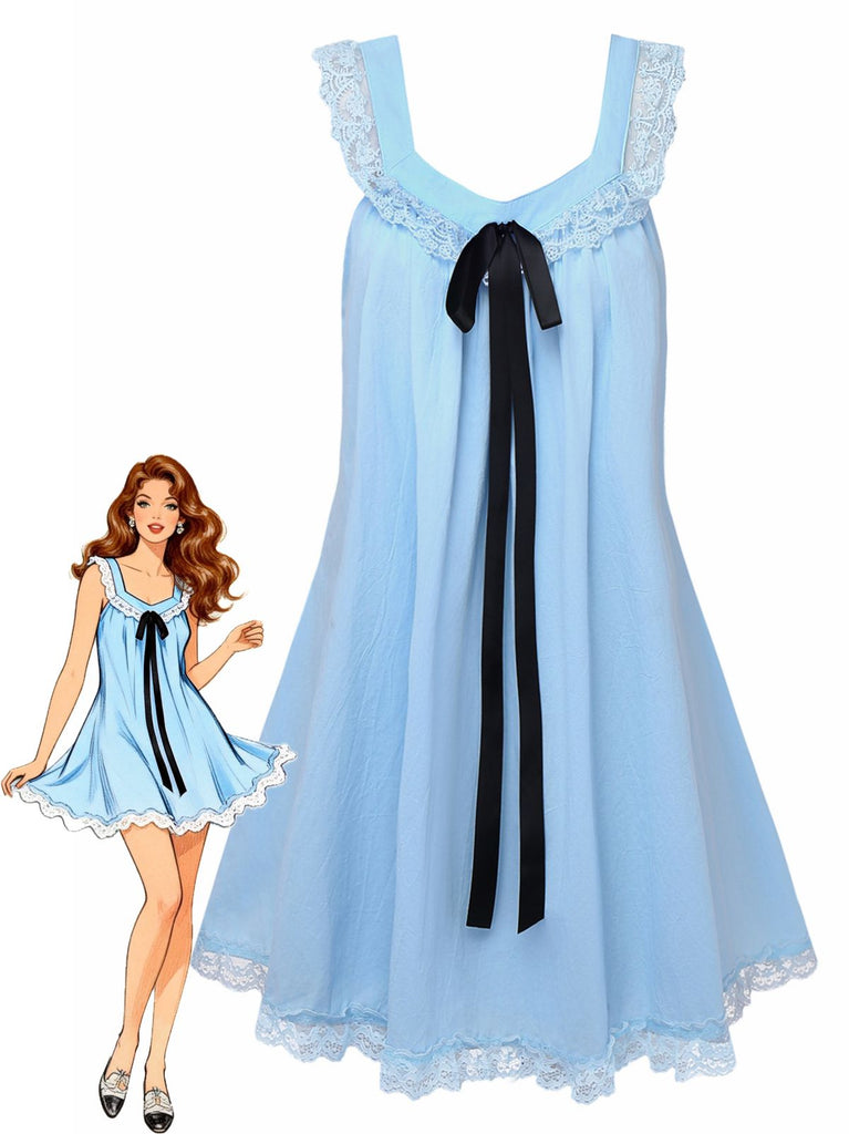 1960er Solide Bogen Rückenfrei Spitze Babydoll Kleid