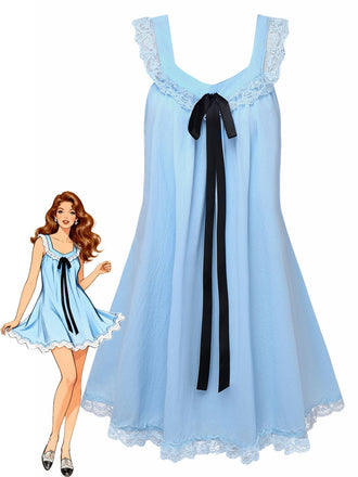 1960er Solide Bogen Rückenfrei Spitze Babydoll Kleid