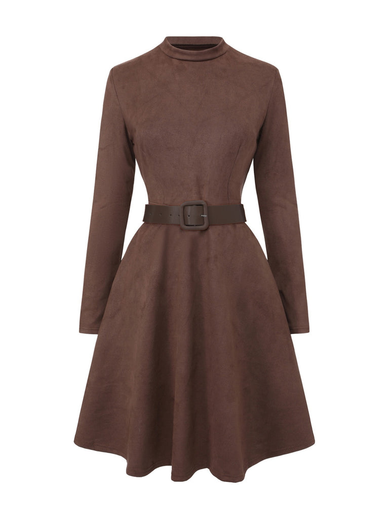 Braun 1970er Lang Ärmel Rundhals Gürtel Kleid