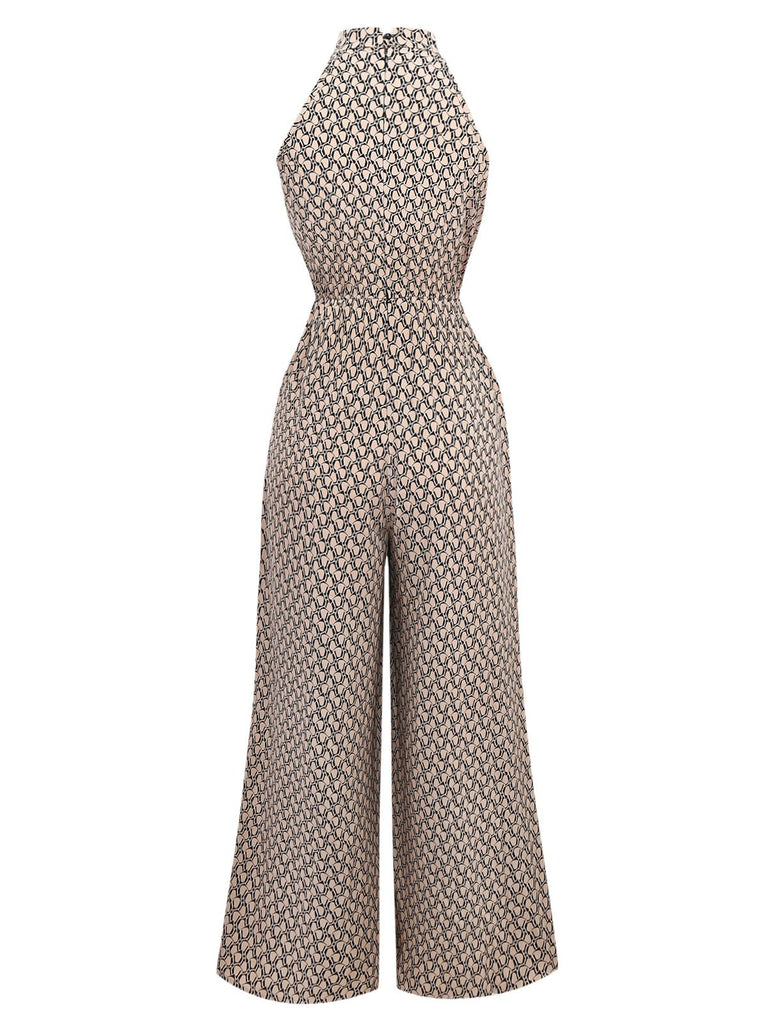 Beige 1930er Geometrisch Muster Halter Ärmellos Jumpsuit