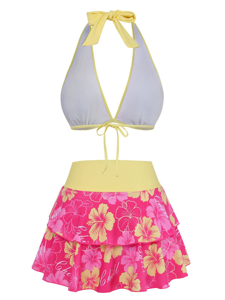 Rosa 1960er Blumen Druck Bindefront Geschichtet Bikini Set
