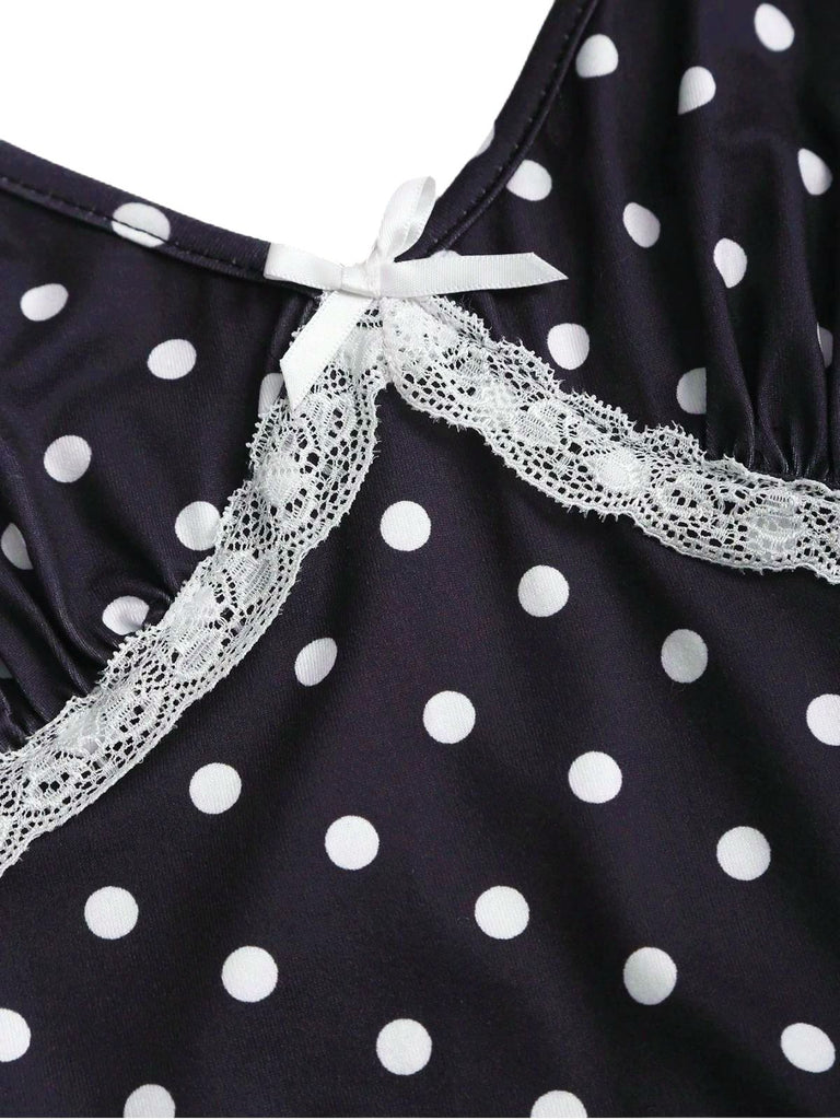 Schwarz 1940er Tupfen Spitze Trim Träger Jumpsuit