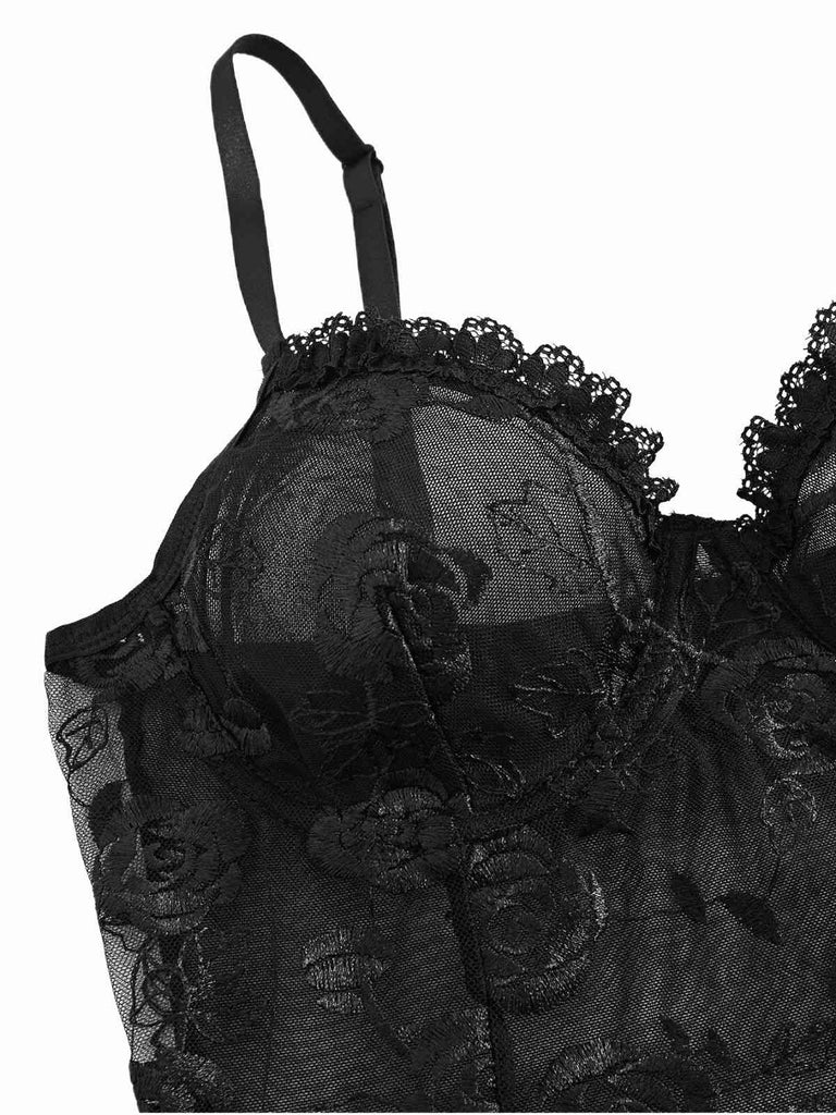 Schwarz 1970er Rose Durchsichtig Spitze Spaghettiträger Babydoll Nachthemd