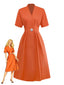 Orange 1940er Solide V-Ausschnitt Brosche Knopf Kleid