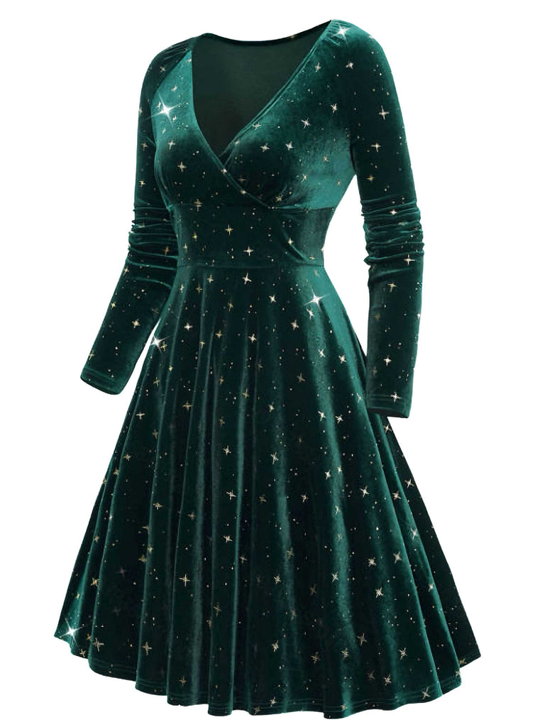 Dunkelgrün 1940er V-Ausschnitt Stern Samt Kleid