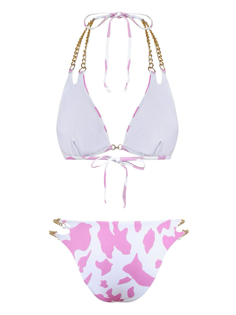 1970er Gerippte Kuh Muster Ketten Halter Bikini Set
