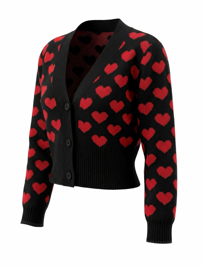 Schwarz 1960er Valentinstag Herz Kurz Stricken Strickjacke