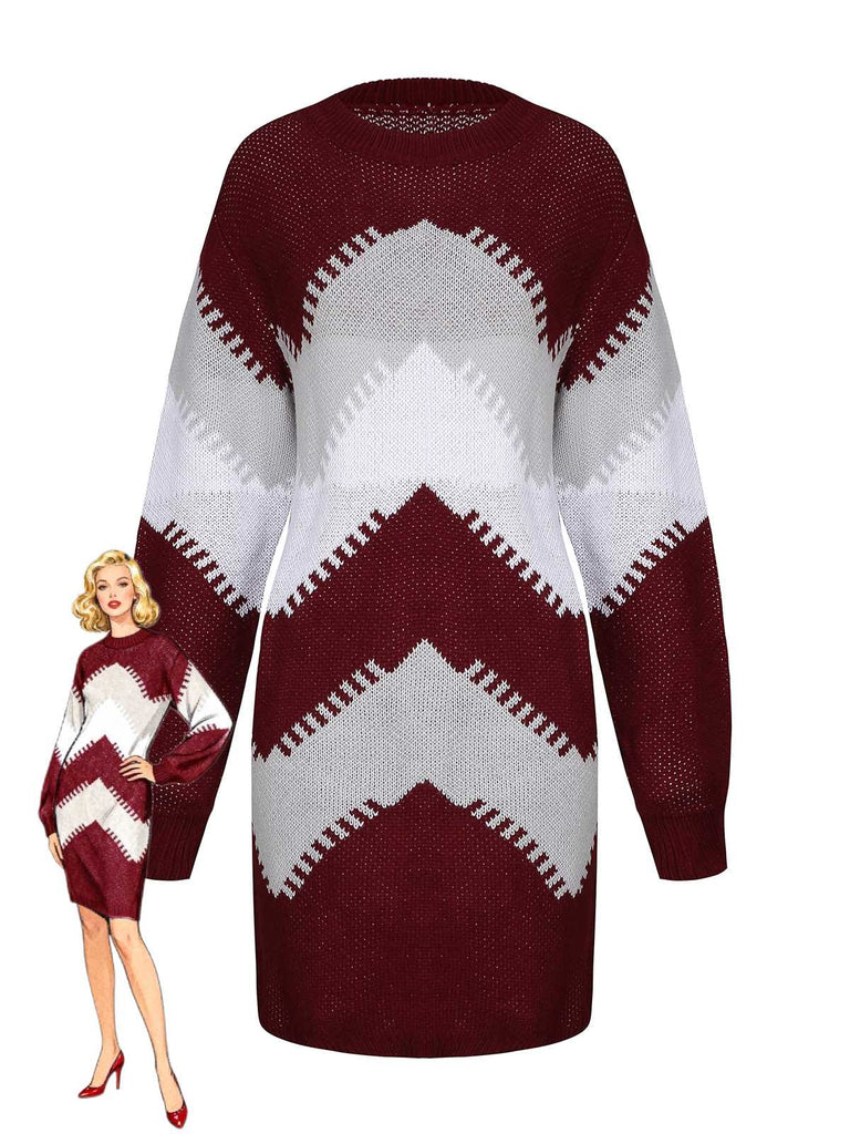 1960er Farbblock Stricken Pullover Kleid