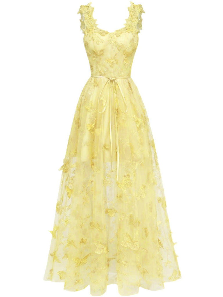 1930er Spaghetti Träger 3D Schmetterlinge Netz Maxi Kleid