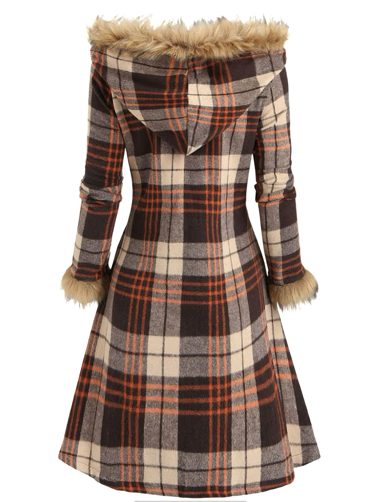1940er Plaid Toggle Kunstpelzbesatz Hooded Mantel