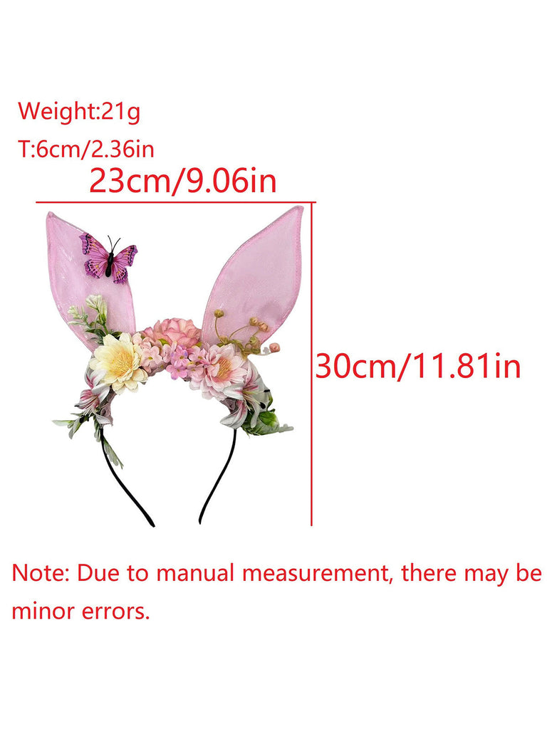 Verspieltes, rosafarbenes Fairycore-Haarband mit transparenten Hasenohren, Seidenblumen und einem lila Schmetterlingsakzent.