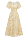 Sonnengelbes Chiffonkleid im Stil der 1930er-Jahre mit Schmetterlingsmuster, romantischen Flügelärmeln und eckigem Ausschnitt – perfekt für Vintage-Events und Teepartys.