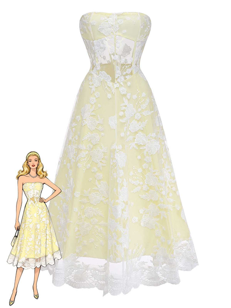 Ein hellgelbes, trägerloses Midikleid mit aufwendigen weißen floralen Spitzenapplikationen, gezeigt an einer Schaufensterpuppe mit einer stilisierten Illustration.