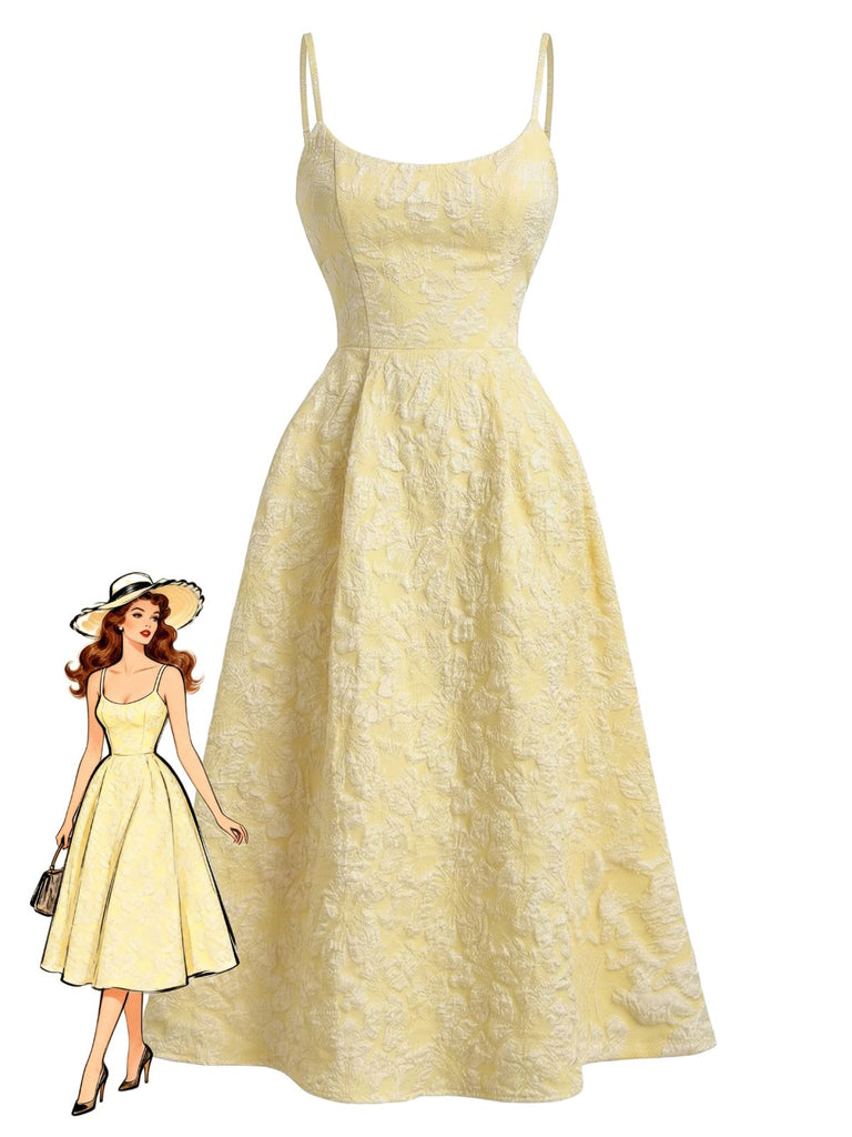 Gelbes ärmelloses Midikleid aus den 1950er Jahren