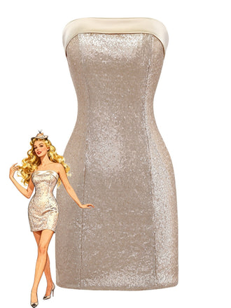 Goldenes, trägerloses Bodycon-Kleid im Stil der 1980er-Jahre – Vintage-Kleid, Retro-Mode, glamouröses Gold